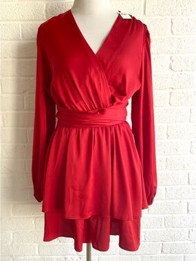 EXPRESS Romper Dress Red Ruffle Long Sleeve Tie Waist Small Summer Wedding Guest